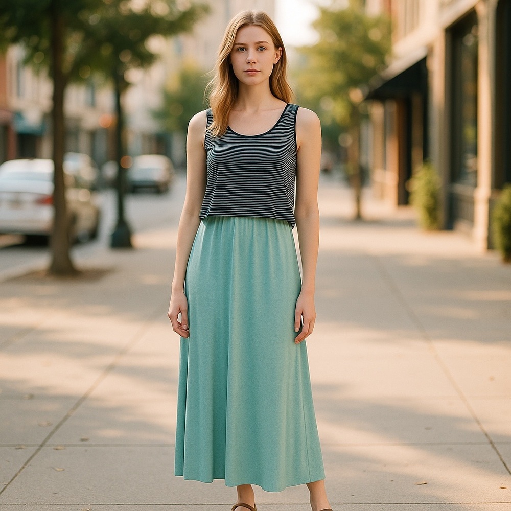 Anthony Richards Navy/Aqua Popover Striped Maxi Dress
